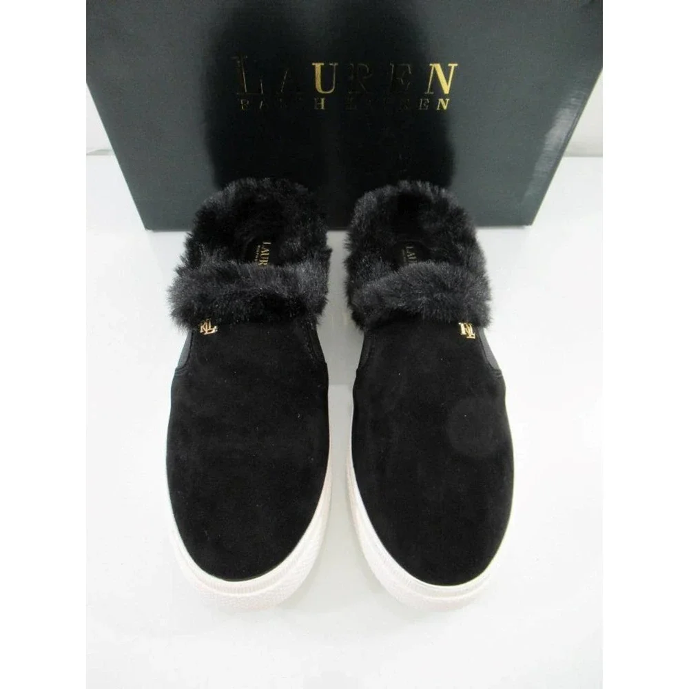 Ralph Lauren Jinny Mules Slip On Sneaker Cozy Faux Fur Trim Suede Black - Picture 6 of 8